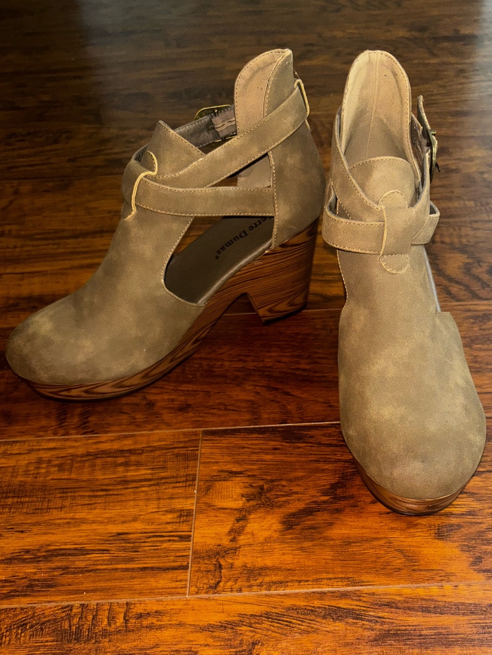 Pierre Dumas Cedar Clog Wooden Heel Brown Taupe 4-inch Platform Boots + Buckle